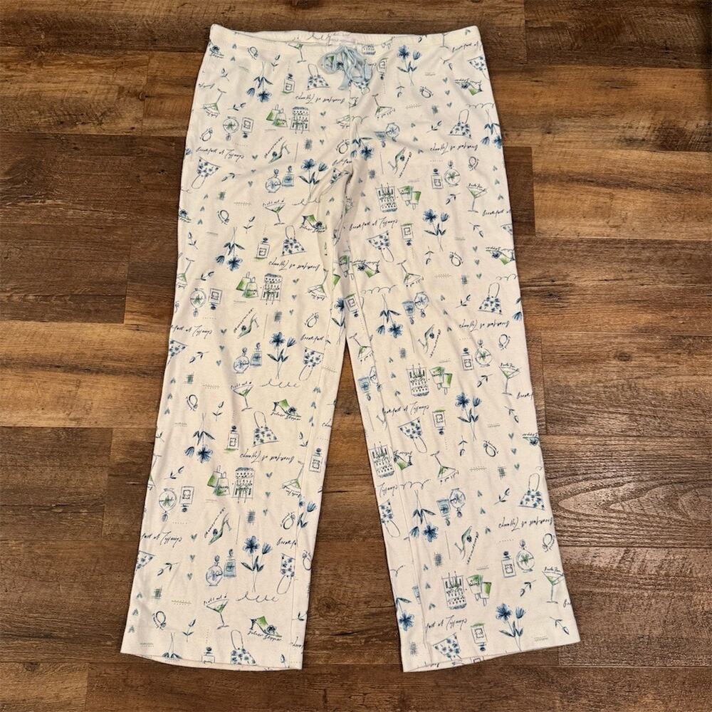Carole Hochman Pajama Pants Size S Ivory Blue Green Martini Print Lounge READ